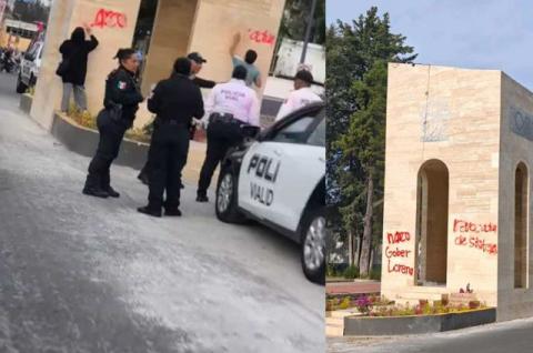 Pintan en la recién inaugurada Cápsula del Tiempo consignas contra Lorena Cuéllar