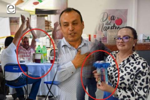 Alcalde Tlaxco reparte chupe y plumones chinos a los maestros