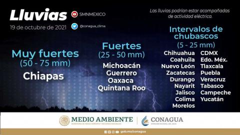 Se prevén lluvias muy fuertes en Chiapas, y puntuales fuertes en Guerrero, Michoacán, Oaxaca y Quintana Roo