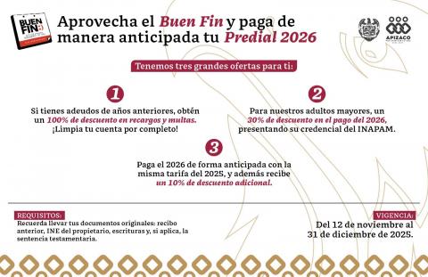 Lanza Ayuntamiento de Apizaco campaña de pago anticipado del predial 2026 con grandes descuentos por el Buen Fin