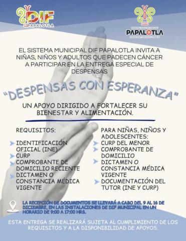 DIF Papalotla entregará apoyo único de despensa a pacientes con cáncer