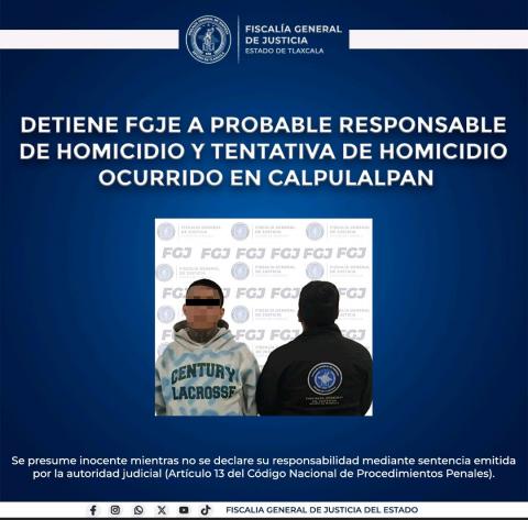 Detiene la FGR a probable responsable de homicidio en Calpulalpan