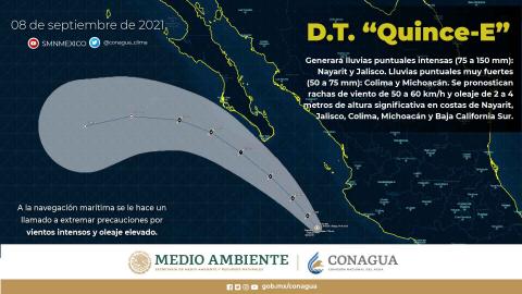 La Depresión Tropical Quince-E provocará lluvias en Jalisco y Nayarit, y muy fuertes en Michoacán