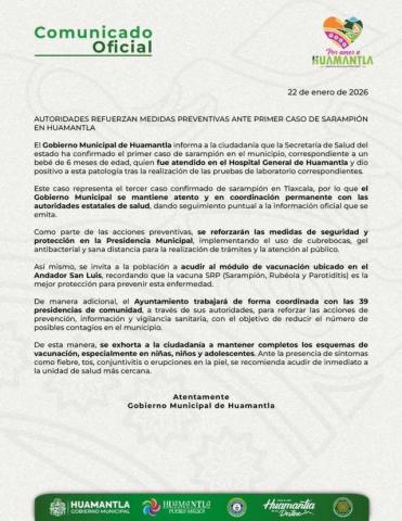 Autoridades refuerzan medidas preventivas ante primer caso de Sarampión en Huamantla