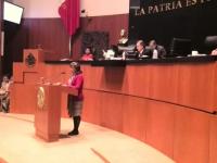 Foto de la Senadora Lorena Cuéllar Cisneros durante su intervención en tribuna presentando la reserva de la Reforma Energética del artículo 25 de la Constitución.